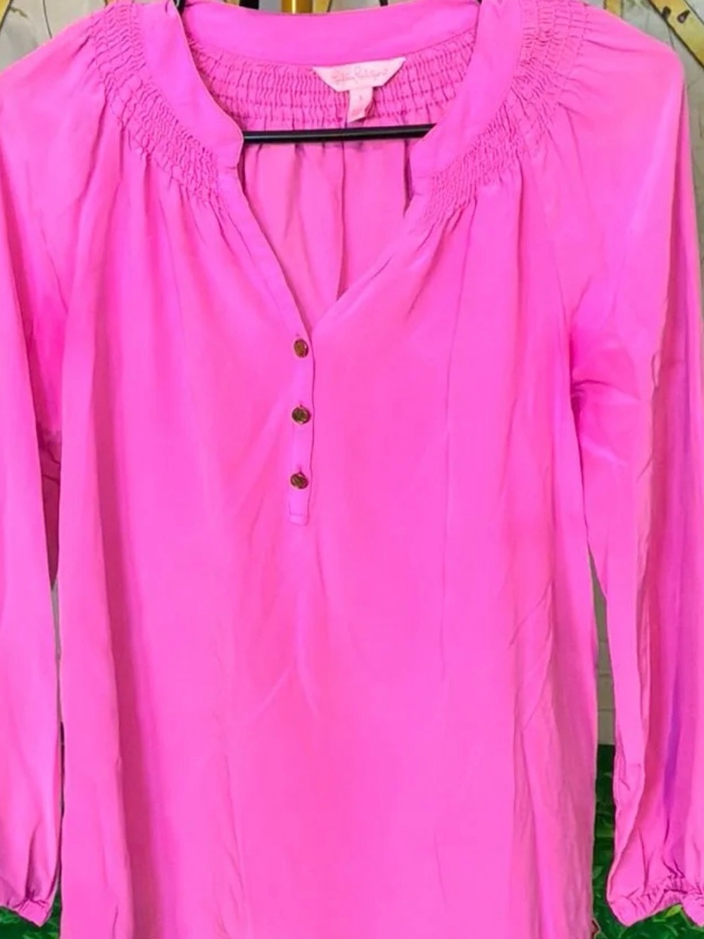 Lilly Pulitzer Hot Pink Smocked-Neck Long Sleeve Tunic